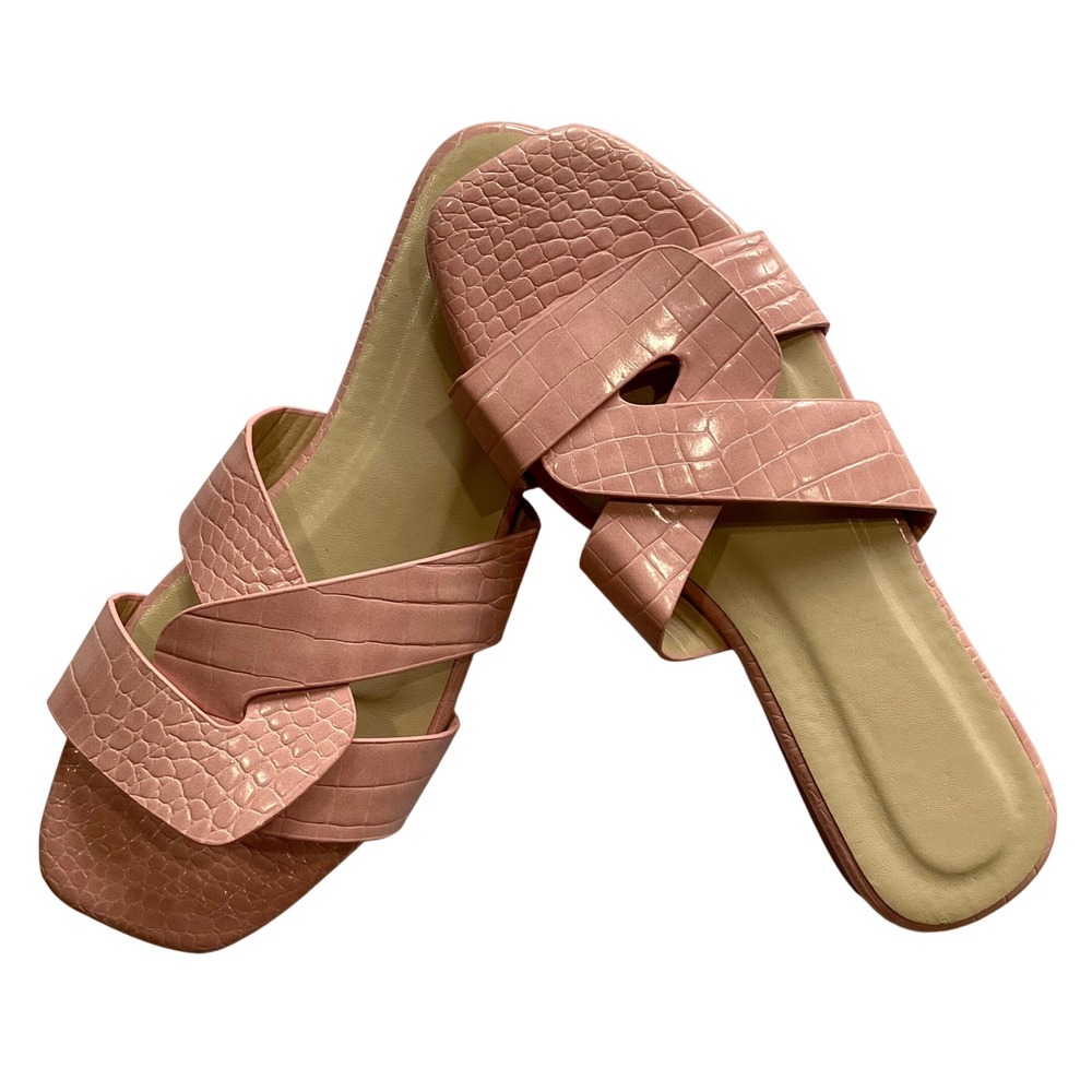 NWOT Pink Croc Embossed Square Toe Slide Sandals Sz 6.5 Flat SlipOn Shoes Slides
